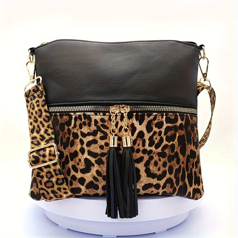 Stylish Leopard Print Tassel PU Crossbody Pouches - Adjustable Removable Strap, Zipper Closure, Polyester Lining, Random Animal Print Design - Fashionable Womens Handbags for Everyday Use - Deanwangkt