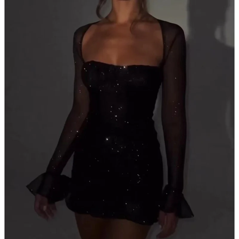 Europe and America Cross Border Sexy Hot Girl Dress Black Shiny Dress See-through Elastic - Deanwangkt