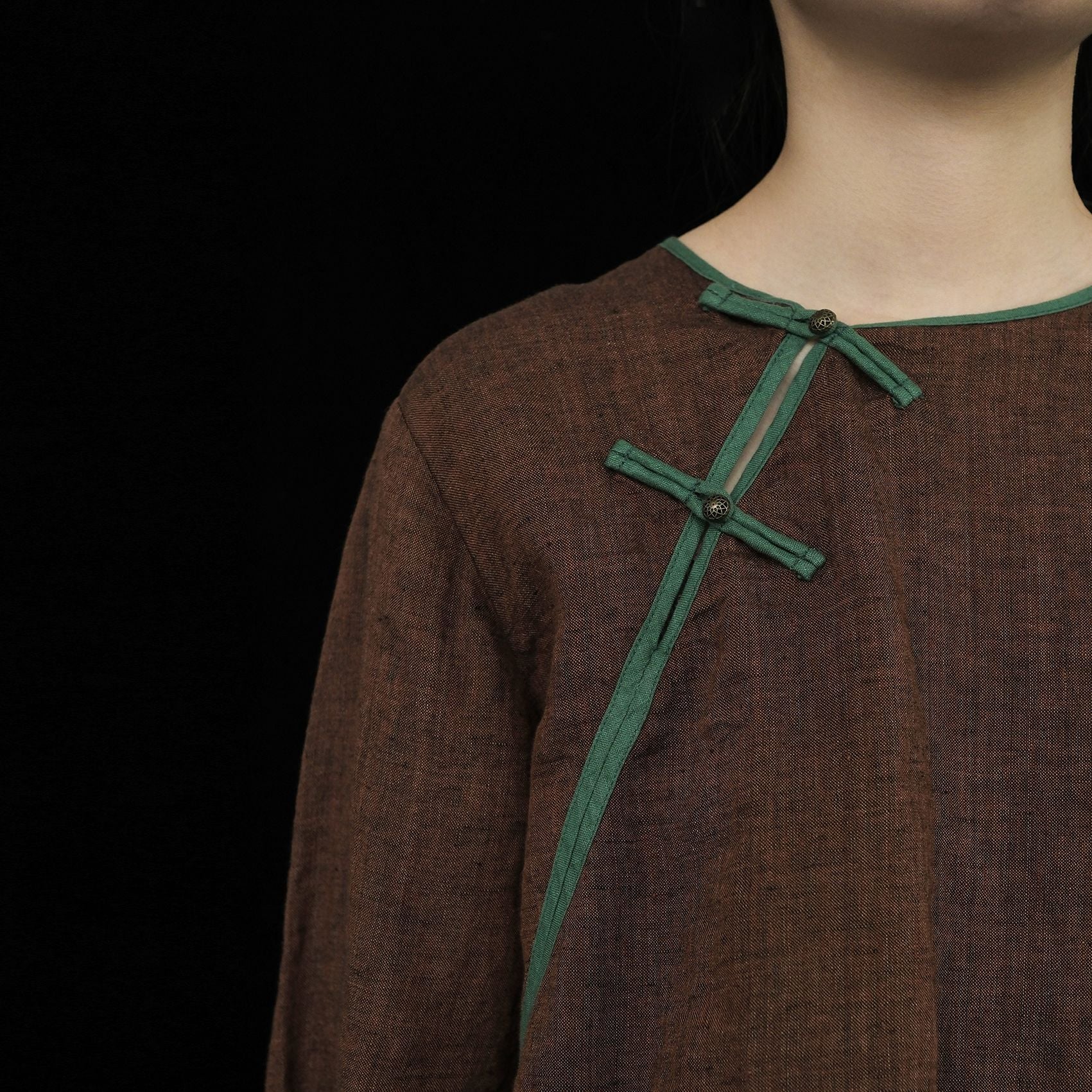 design Oriental aesthetic yarn-dyed linen contrasting top, light Chinese diagonal flared sleeve shirt S23036 - Deanwangkt