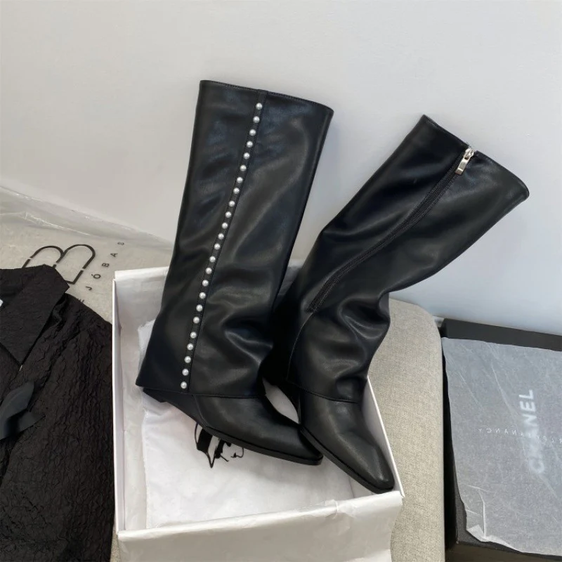 Autumn and Winter New Fashion Korean Style Pantyhose Boots below the Knee High Leg Boot Square Toe Wedge High Heel Pearl Boots - Deanwangkt