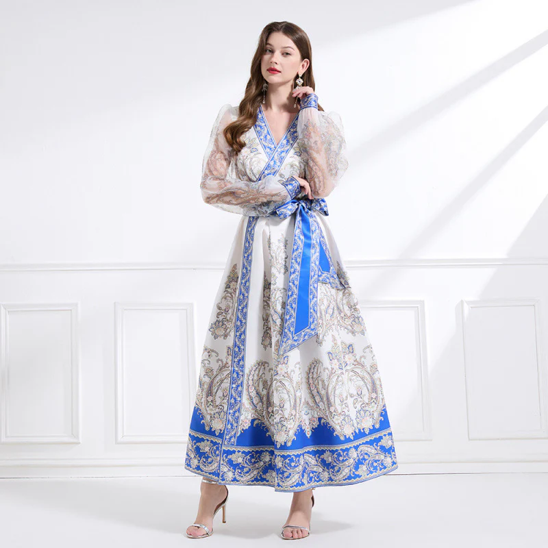 retro court style printed dress for women's design, waist strap V-neck lantern long-sleeved knee dress - Deanwangkt