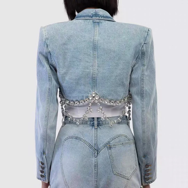 2025 New diamond chain decorative short top jacket + fashion hip skirt two-piece denim suit women - Deanwangkt