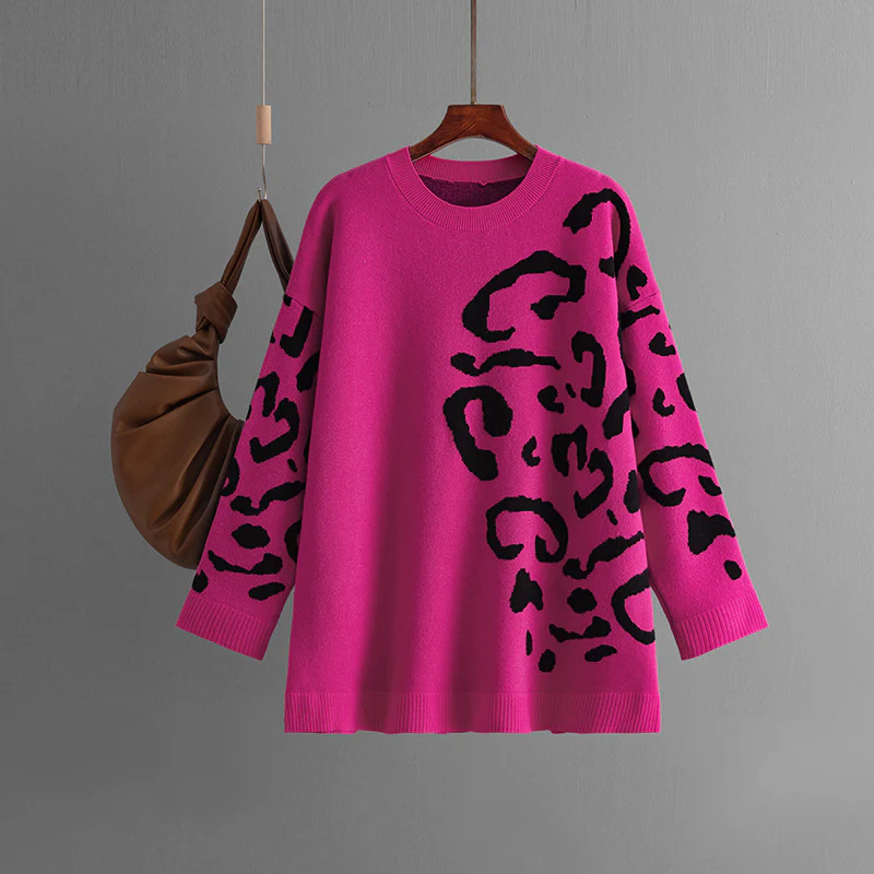 DEANWANGKT Knitted jacquard sweater women's New autumn and winter 2025 new products round neck pullover leopard print long sleeve medium and long bottoming shirt - Deanwangkt