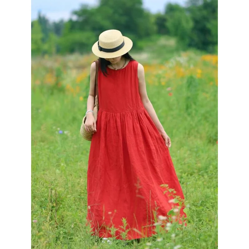 Temperament red sleeveless vest dress women's  spring new unique super good-looking loose long dress children - Deanwangkt