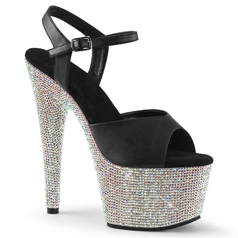 DEANWANGKT  Rhinestones Strap Flash Summer in Stock Waterproof Platform Fashion Transparent Black Super High Heel 17cm Fashion Breathable Shoes - Deanwangkt