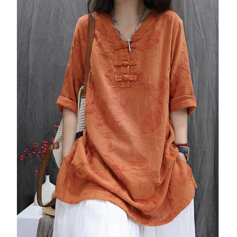 Cotton and linen women's clothing  summer new jacquard loose temperament V-neck buckle Popular style versatile medium-sleeved shirt women - Deanwangkt