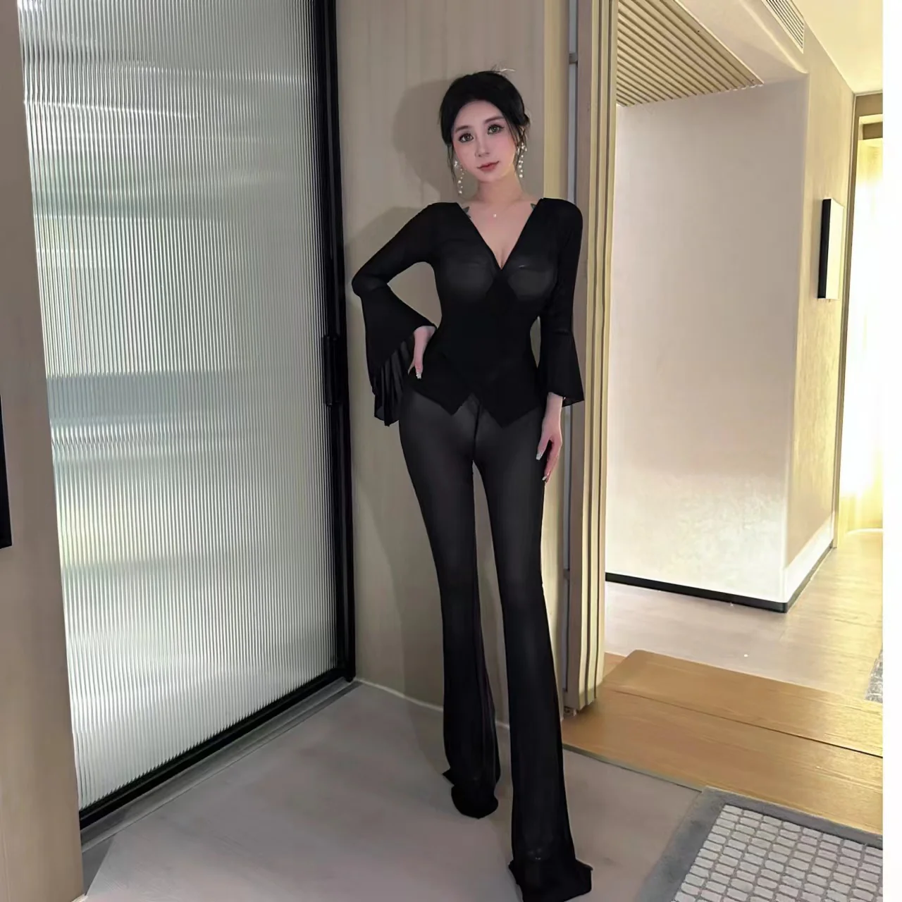 2025 Herberly sexy perspective nightclub evening dress night overalls long pants hotel ktv beauty princess show - Deanwangkt
