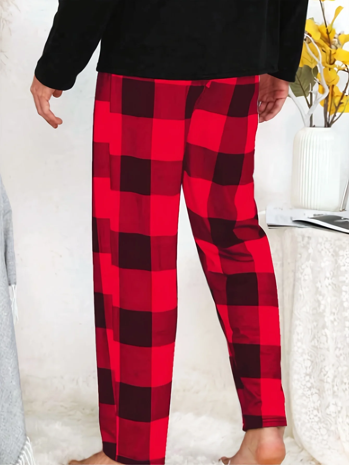 Men's Simple Style Plaid Pattern Casual Comfy Pants, Trendy Loose Stretchy Elastic Waist Home Pajamas Bottom, Suitable For Sleeping Home - Deanwangkt