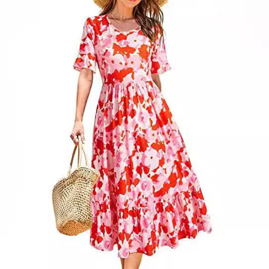 DEANWAQNGKT  Cross-Border Supply Floral round Neck Mid-Length Dress Casual Hidden Belly Fat Hawaii - Deanwangkt