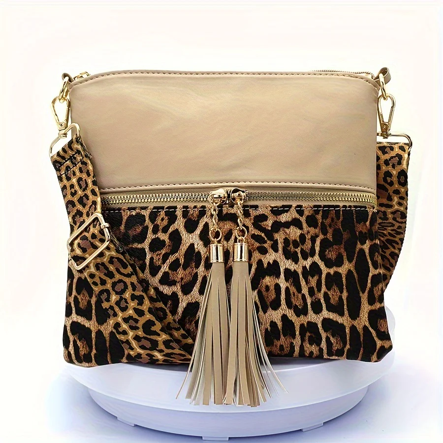 Stylish Leopard Print Tassel PU Crossbody Pouches - Adjustable Removable Strap, Zipper Closure, Polyester Lining, Random Animal Print Design - Fashionable Womens Handbags for Everyday Use - Deanwangkt