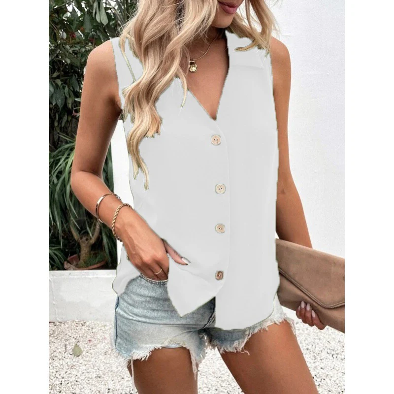 DEANWANGKT  Cross Border Summer New Women's Clothing Solid Color and V-neck Loose Chiffon Shirt Sleeveless Button Vest Shirt for Women - Deanwangkt