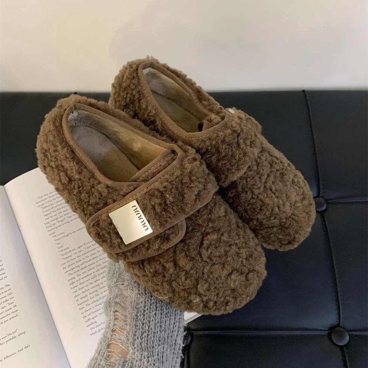 2025  niche metal buckle wool shoes women's autumn and winter outer wear velvet warm soft sole Velcro casual single shoes - Deanwangkt