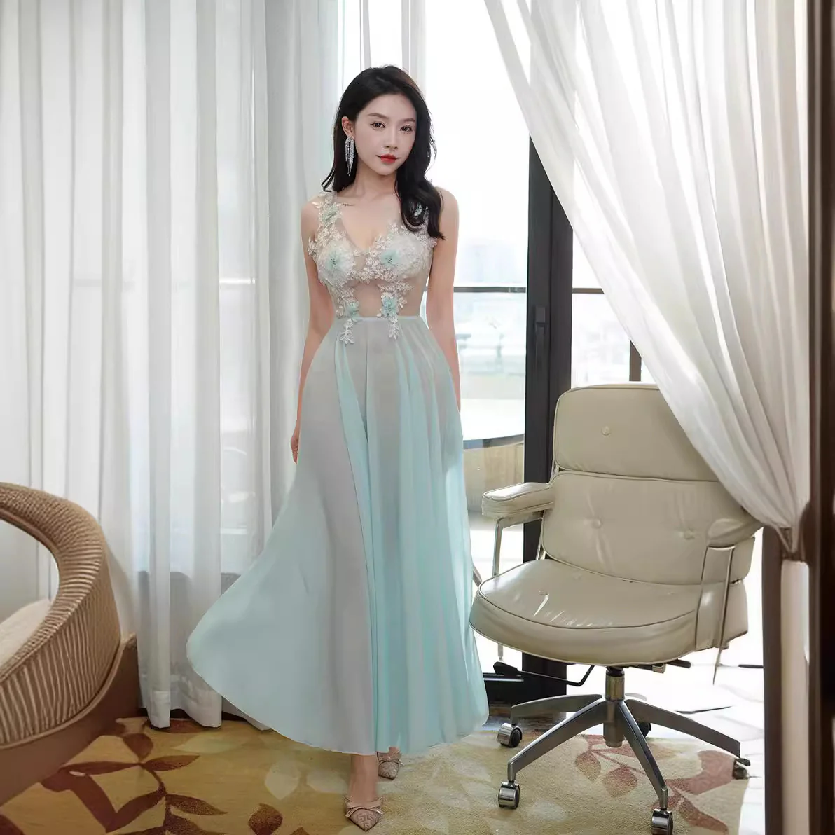 2025 Evening dress womanly socialite  high-end medium and long thin fairy banquet chiffon sexy perspective ktv - Deanwangkt