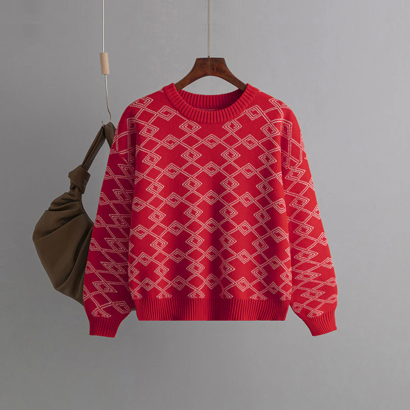 DEANWANGKT Cross-border 2025 Express Jacquard Long Sleeve Sweater Women's Autumn and Winter  New Loose Versatile Crew Neck Hot Style Top - Deanwangkt