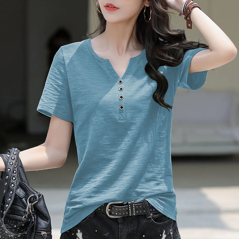 DEANWANGKT  100% Slub Cotton Summer New Pure Cotton Short Sleeve T-shirt Loose-Fitting plus Size V-neck Women's Half Sleeve T-shirt Jacket Undershirt - Deanwangkt