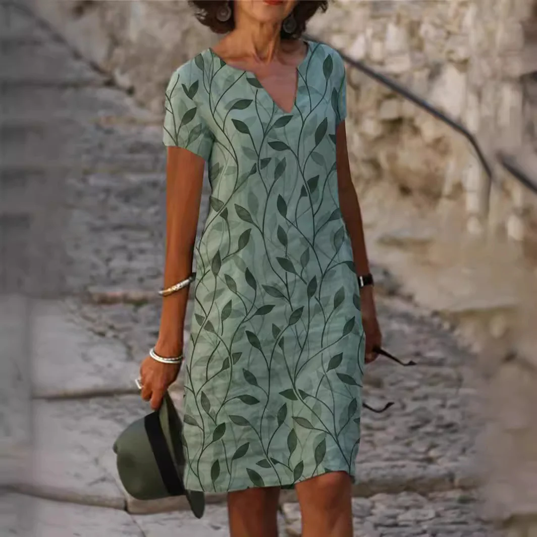 DEANWAQNGKT    New  Cross Border Women's Cotton Linen Digital Printed V-neck Loose Dress - Deanwangkt