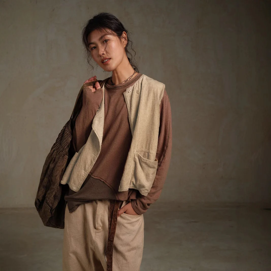 popular Spring and Autumn Maillard Women's Clothing Coat Corduroy Asymmetrical Cotton Literary Vest Vest A1006 - Deanwangkt