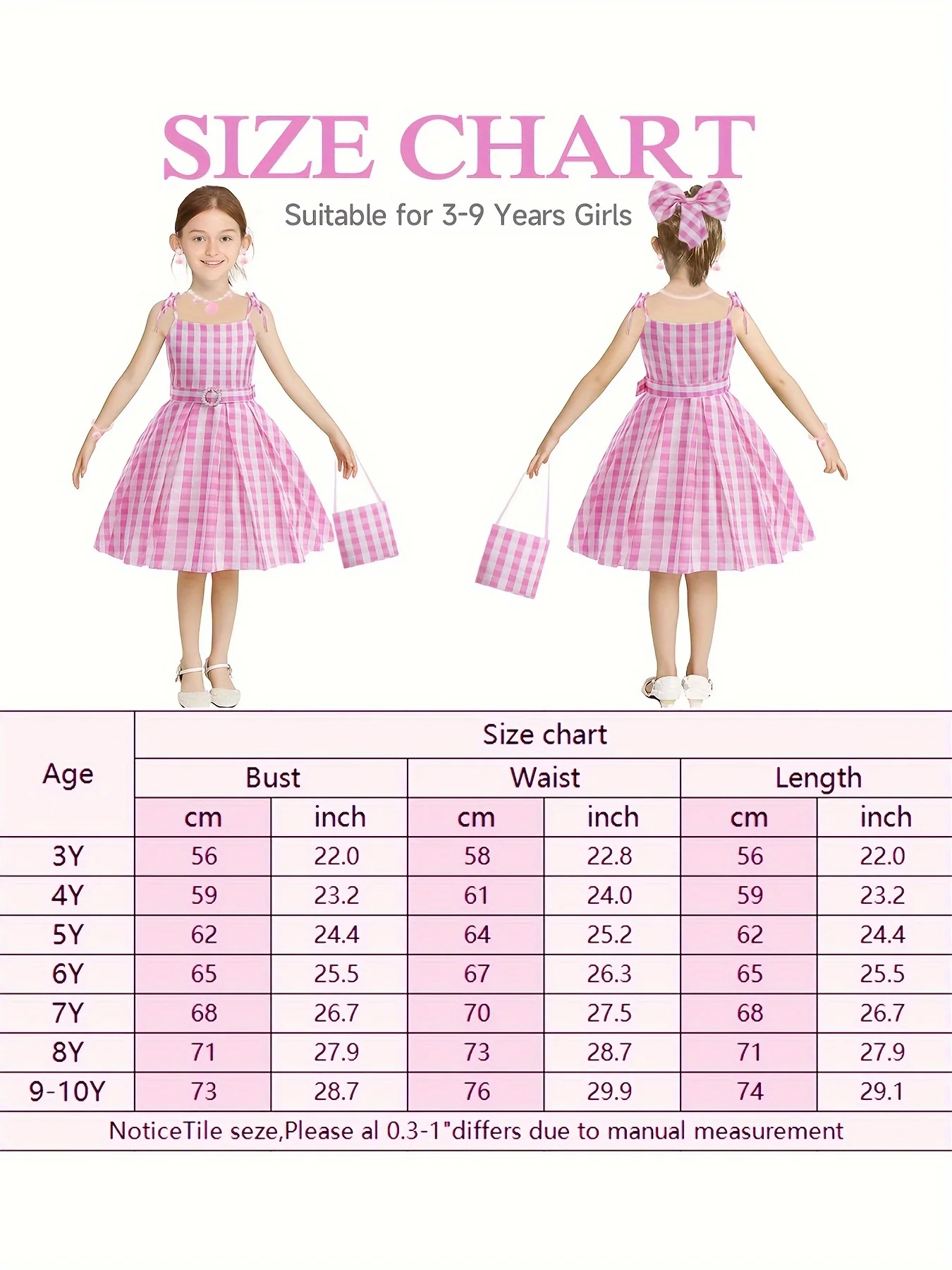 Knee-High Pink Plaid Girls Dress with Belt, Headwear, Backpack, and Jewelry - Cute Slingback Design, Non-Stretch Polyester Fabric, Flared Hem, Woven, Spring/Summer Wear - Deanwangkt