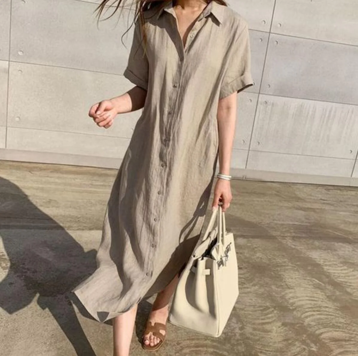 deanwangkt Korean Style Simple Loose Lace-up Waist-Tight Single-Breasted Short Sleeve Linen Shirt Dress Women's Clothing - Deanwangkt