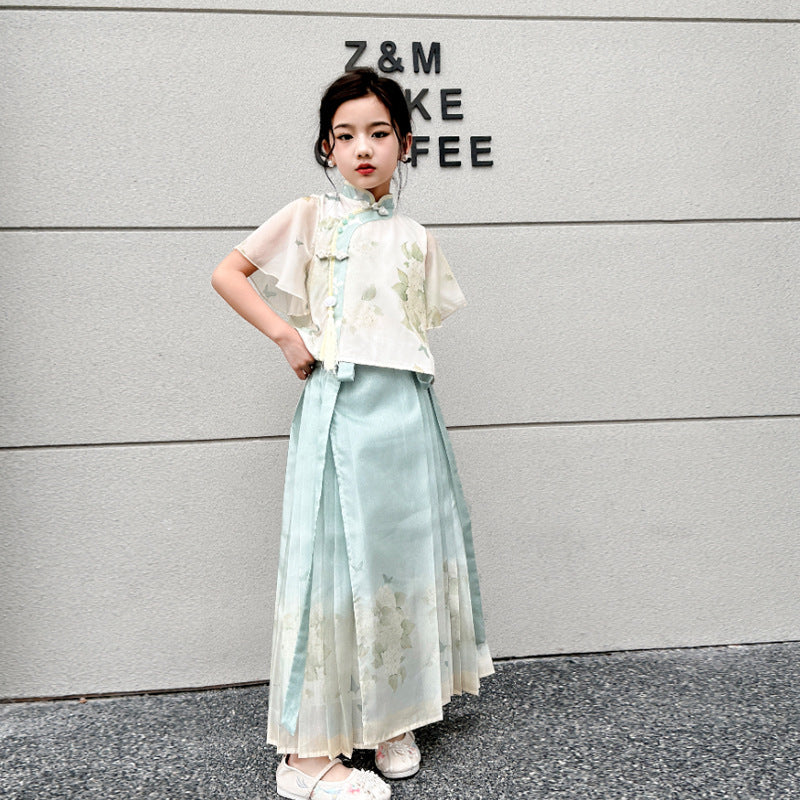 Girls' Horse-Face Skirt Suit Skirt New Children's Han Chinese Costume Summer Tang Suit New Chinese Style Classical Ancientry National Style Dress - Deanwangkt