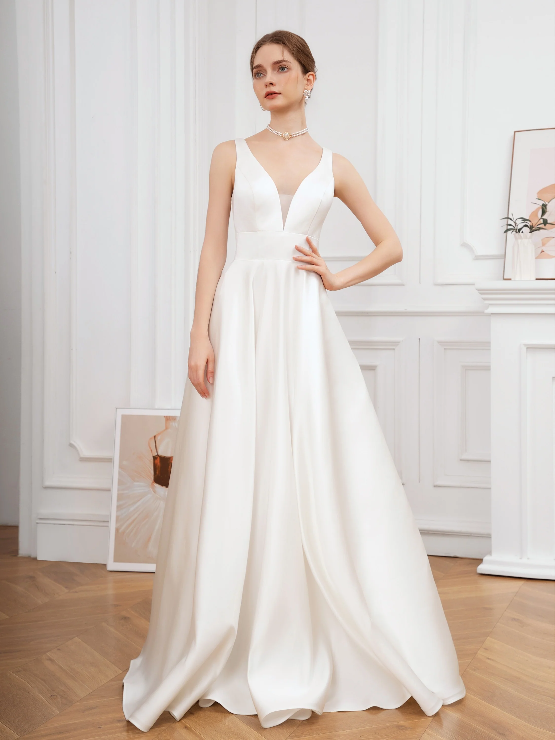 Elegant V-Neck Wedding Dress - Stylish Sleeveless, Flattering A-line, Floor-Sweeping Length, Exquisite Formal Style, Chic V-Neckline - Perfect for Wedding Party Occasions, Designed for Womens Special Moments - Deanwangkt