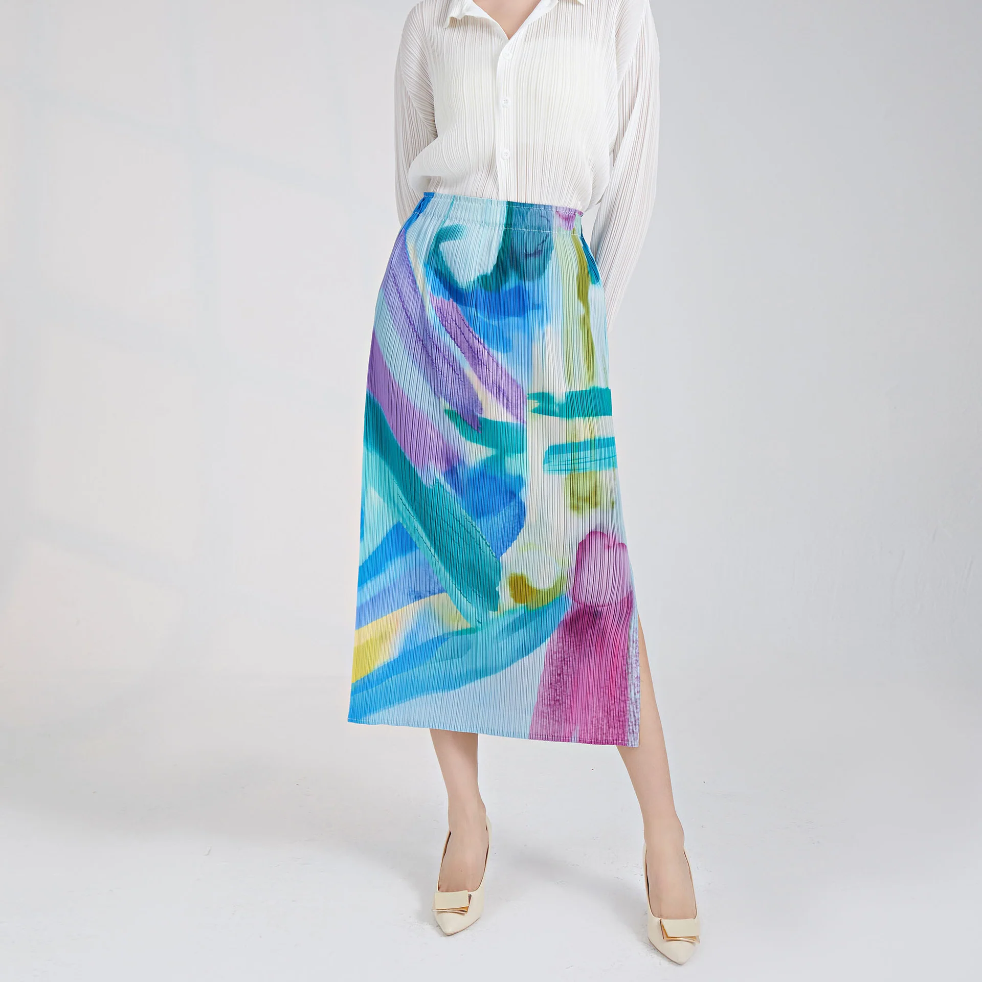 2025 Xiaohongshu hot-selling pleated skirt women's summer new high-waisted and thin smudged split-fork Miyake straight skirt - Deanwangkt