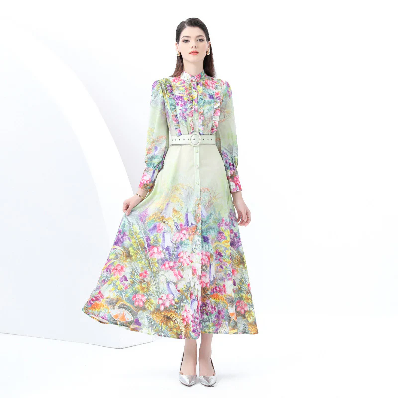 New export women's clothing holiday style retro lace stand-up collar single-breasted printing wide pendulum long dress - Deanwangkt