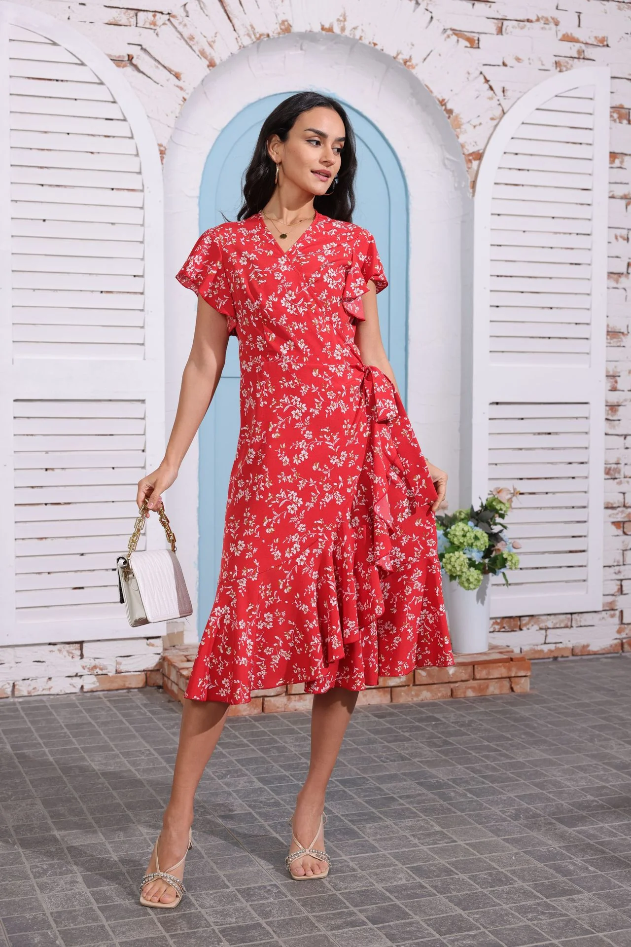 DEANWAQNGKT  Summer  New Sexy Chiffon Midi Dress Printed V-neck Dress Beach Dress - Deanwangkt