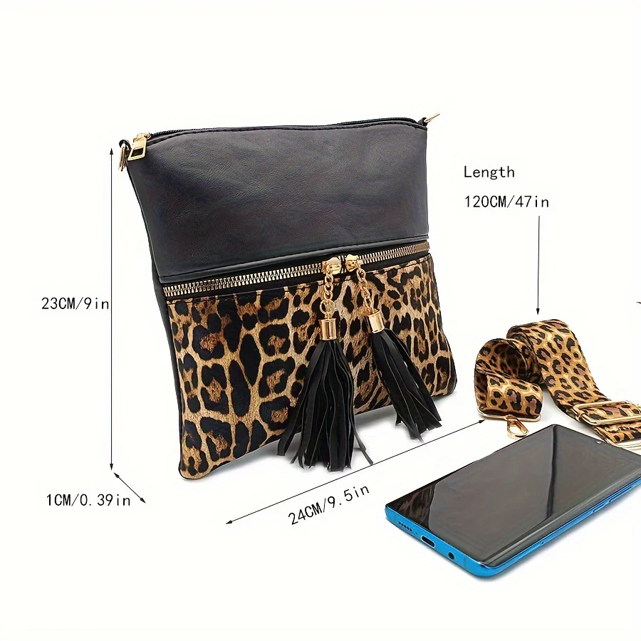 Stylish Leopard Print Tassel PU Crossbody Pouches - Adjustable Removable Strap, Zipper Closure, Polyester Lining, Random Animal Print Design - Fashionable Womens Handbags for Everyday Use - Deanwangkt
