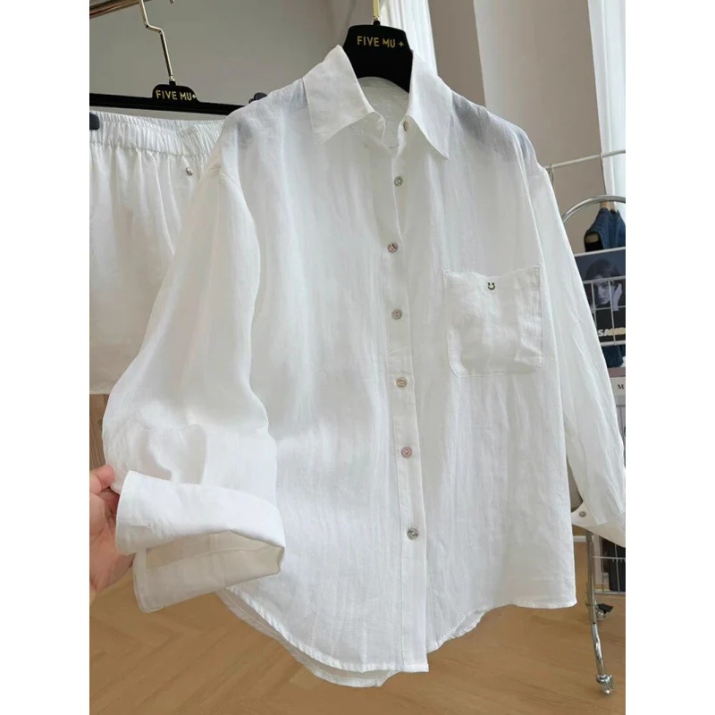 Long-sleeved sunscreen shirt and shorts two-piece temperament  summer clothing new white simple with a complete set of women's thin - Deanwangkt