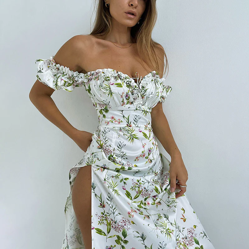 Qy21251kj Printed Summer 2025 Floral Dress Tube Top Split Slim Fit Slimming Graceful Princess Dress Women - Deanwangkt