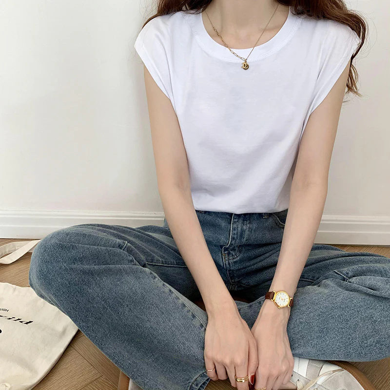 deanwangkt White Sleeveless T-shirt Women's Loose  Summer Fashion Camisole T-shirt Student Top Ins Polyester Pullover round Neck - Deanwangkt