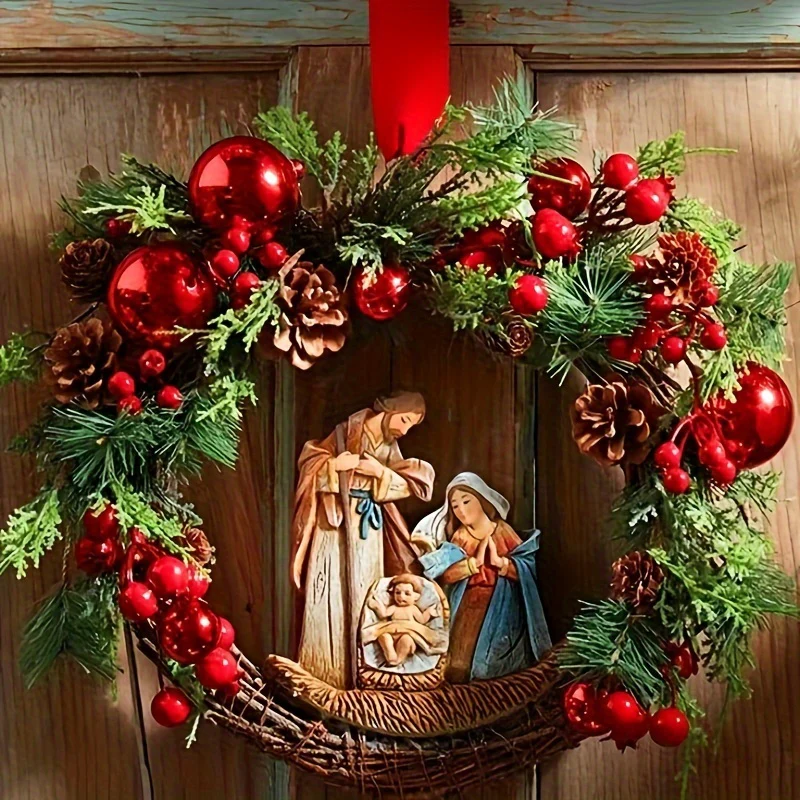 1Pcs Contemporary Nativity-Themed Christmas Wreath, Plastic Door Mount Holiday Decor, Non-Electric Traditional Festive Hanging Accent with Pinecones and Red Berries - No Feathers - Deanwangkt