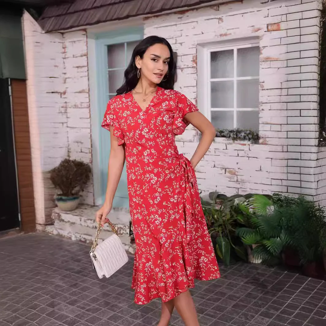 DEANWAQNGKT  Summer  New Sexy Chiffon Midi Dress Printed V-neck Dress Beach Dress - Deanwangkt