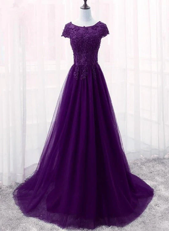 Solvbao Cute Purple Tulle with Lace Applique Long Party Dress, New Prom Gown - Deanwangkt