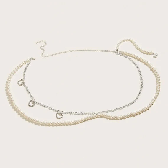 2025  2870 hot-selling new hollow rhinestone inlaid love pendant pearl chain hand-spliced metal waist chain body chain - Deanwangkt
