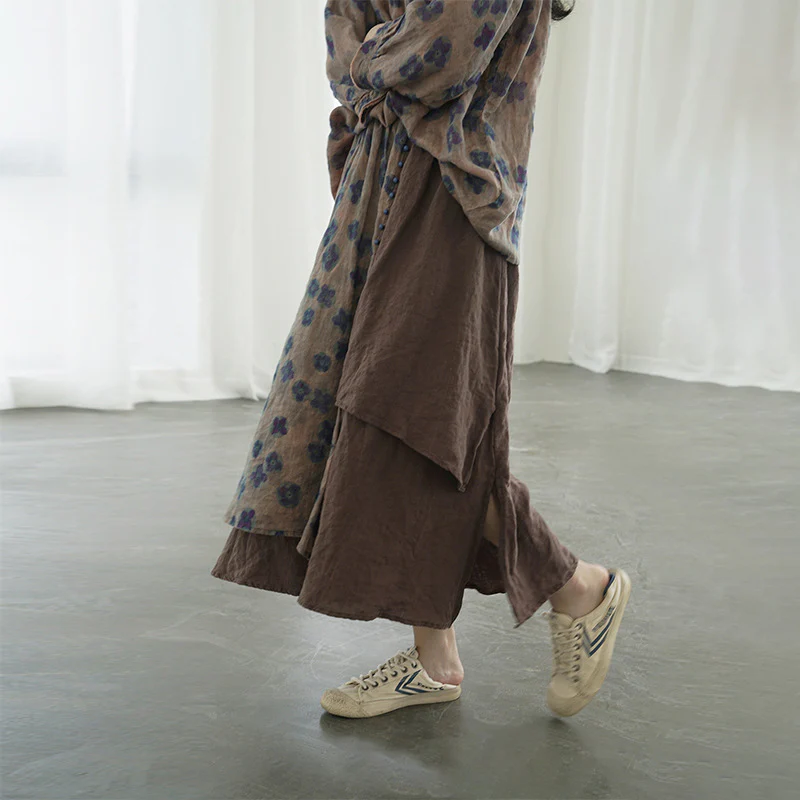 retro nostalgic blue-dye printed irregular long dress, autumn and winter national tide personalized linen skirt B22280 - Deanwangkt