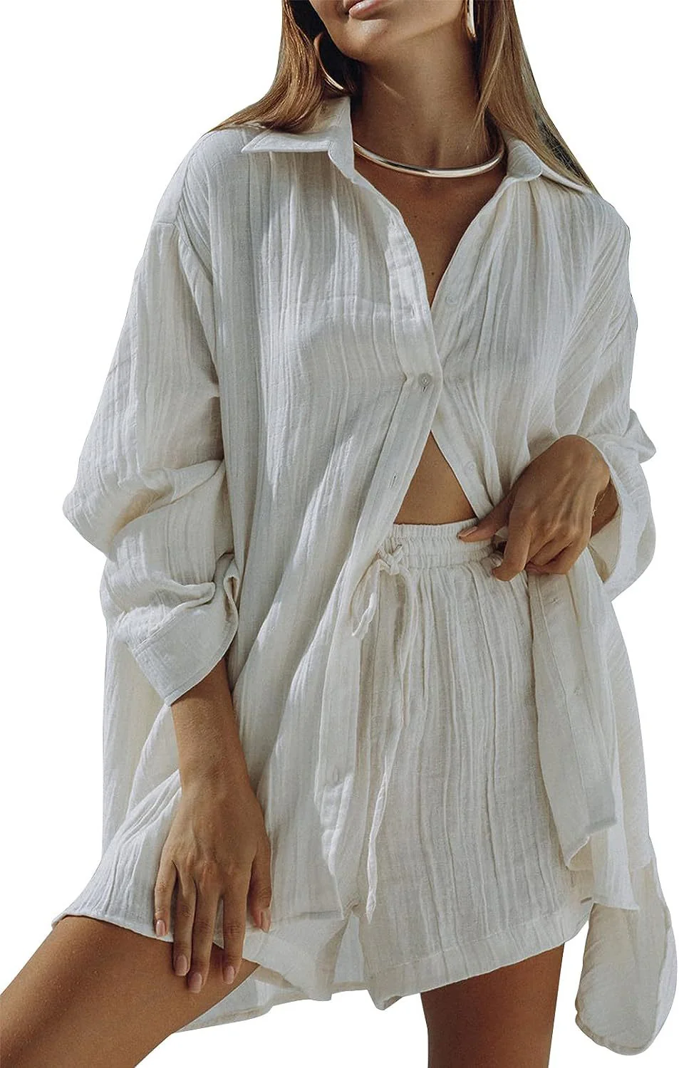 DEANWANGKT  European and American Style Women Casual Two-Piece Suit  Summer New Long Sleeve Shirt Top and Shorts Sportswear Suit - Deanwangkt