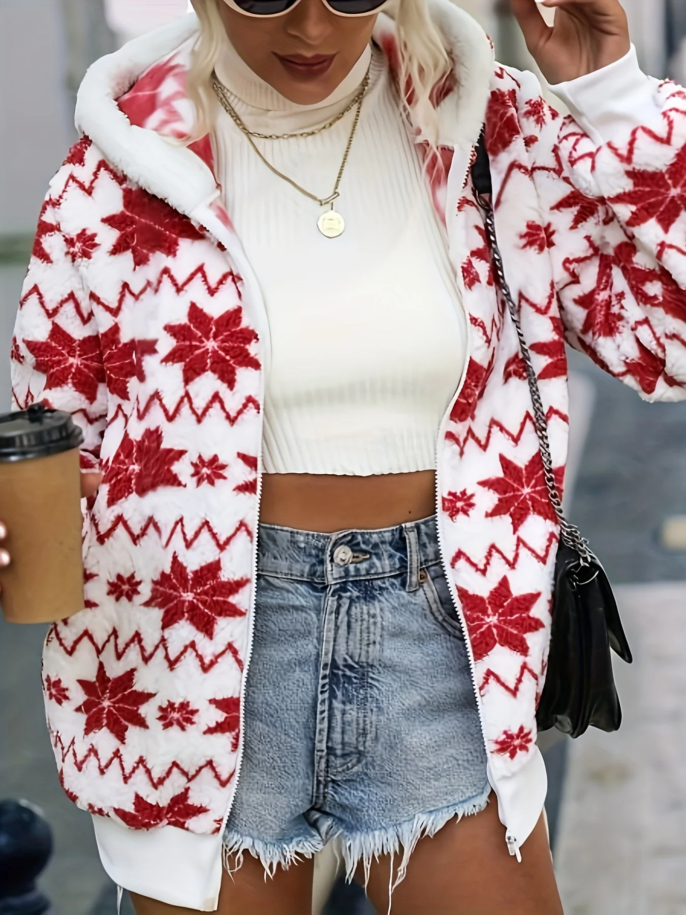 Women's Christmas Print Knit Hoodie, Cozy Polyester Fleece Pullover with Zipper, Holiday Vacation Style, All-Season Fashion Sweater Top - Deanwangkt
