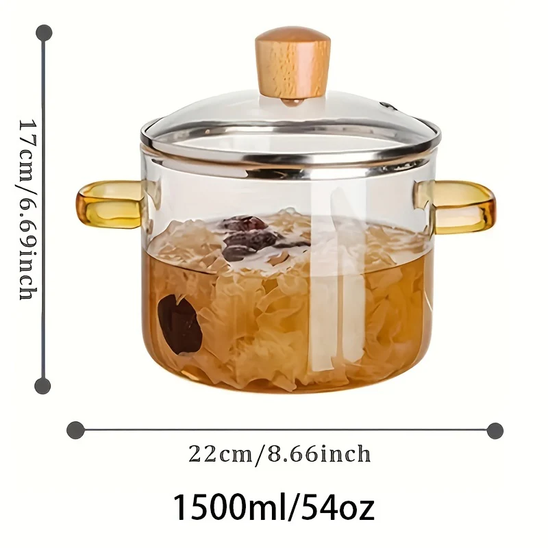 50.72oz Borosilicate Glass Stovetop Pot with Lid - Heat Resistant Transparent Cooking Pot for Soup, Milk, Porridge - Dual Yellow Handles, Microwavable & Stove Compatible Cookware - Deanwangkt