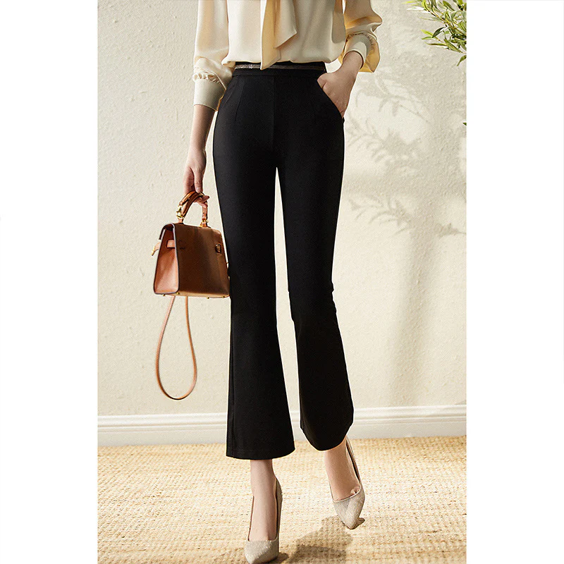 2025 Skinny micro-flared pants nine-point pants, black casual pants  spring and autumn new women's clothing, elastic waist long pants - Deanwangkt