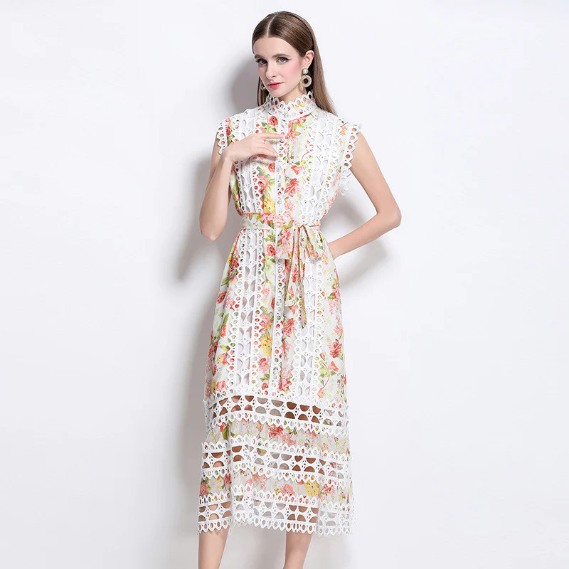 Light and mature style, niche high-end sense, hollow lace splicing printing dress, women's waist and thin temperament, sleeveless long dress - Deanwangkt