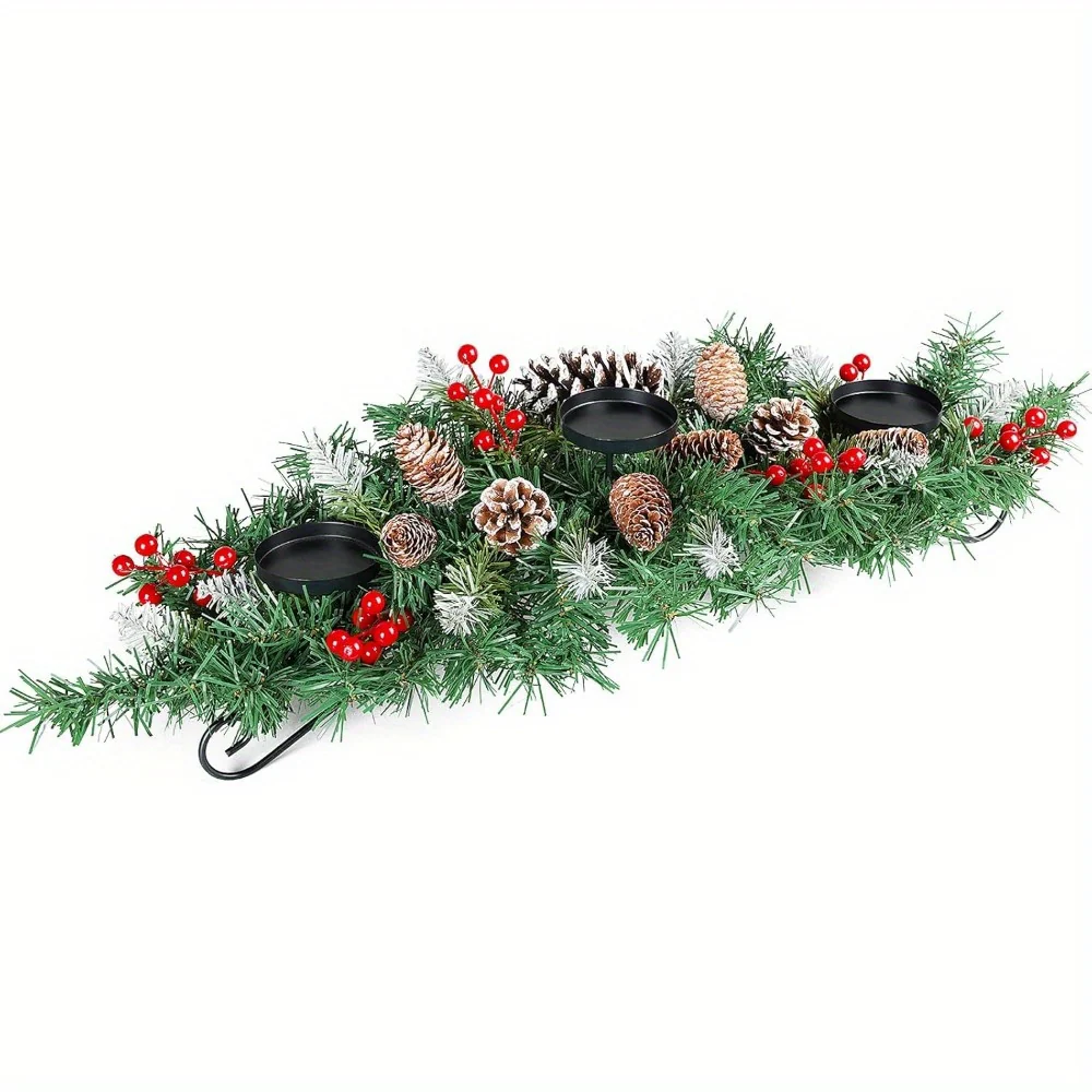 31.5in Artificial Christmas Centerpiece with Steel Base, 3 Candle Holders, Pine Cones, Red Berries, Christmas Decorations Indoor for Festival Home Decoration - Deanwangkt