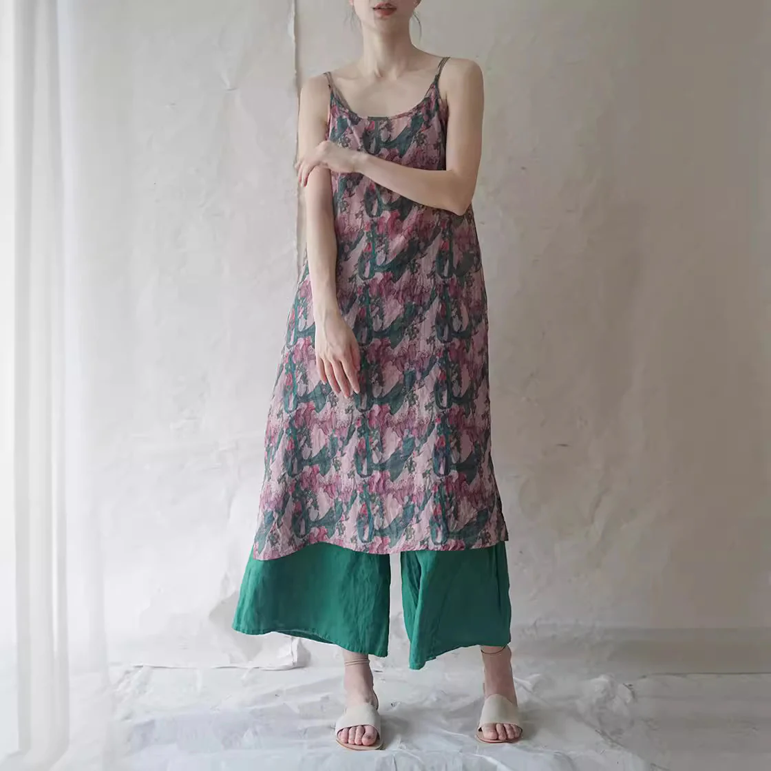 casual literary ramie national style printed dress, old color base travel long sling L2221 - Deanwangkt