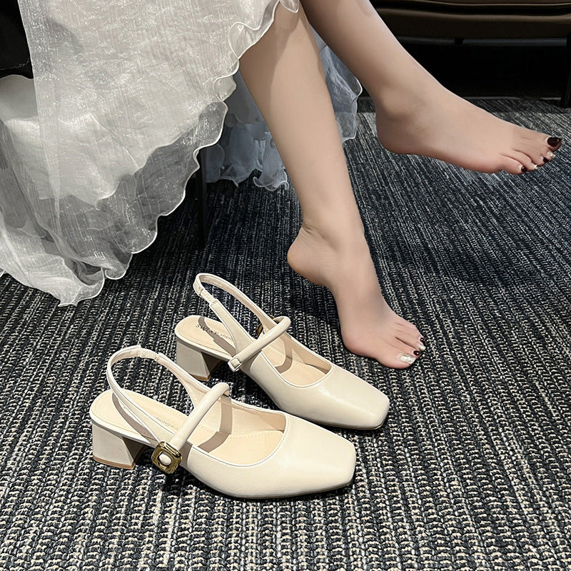 DEANWANGK  Chunky Heel Closed Toe Sandals Women's  New Style Back Empty Buckle High Heel Women's Sandals Square Toe Low-Cut Mary Jane Shoes - Deanwangkt