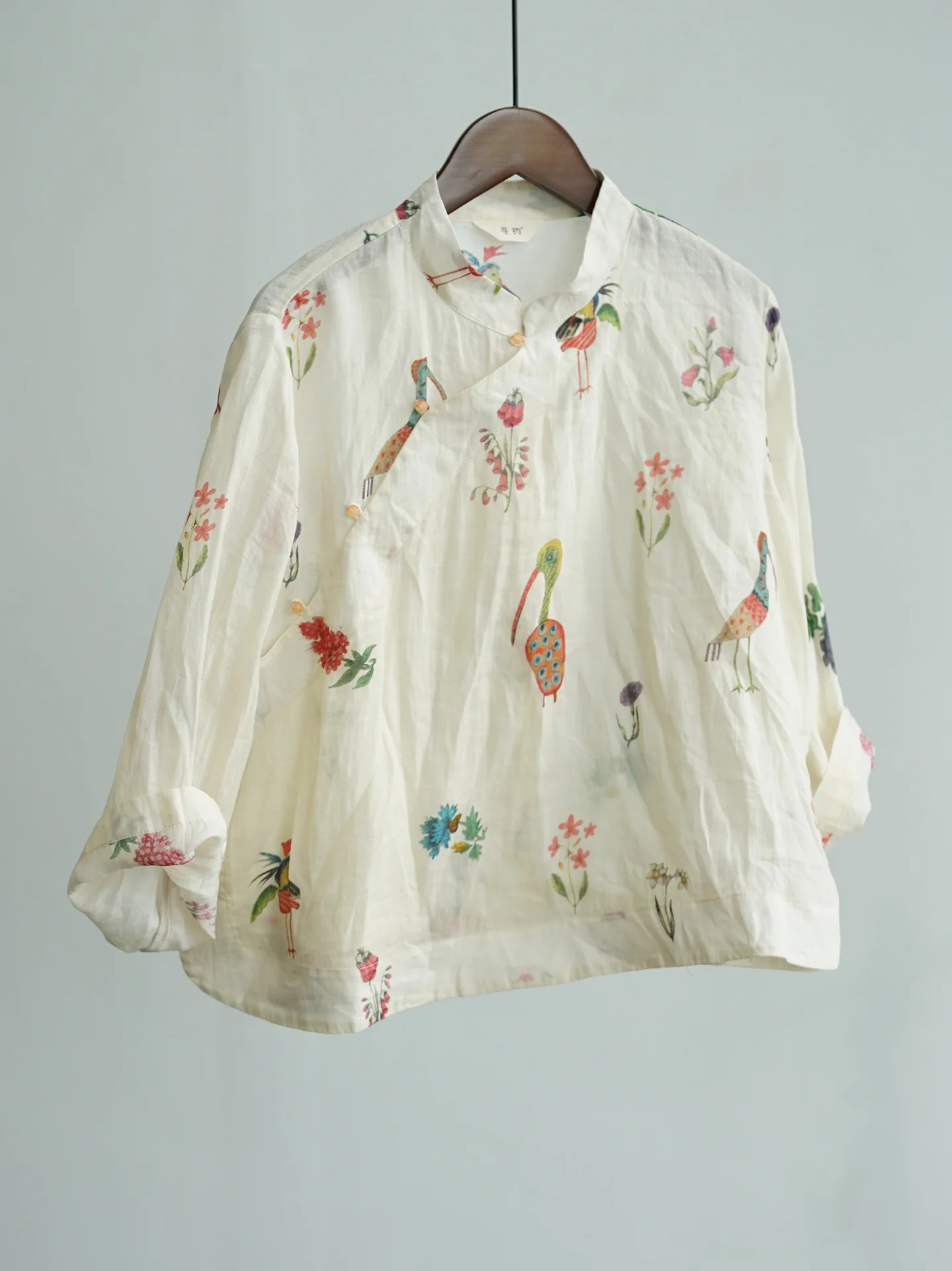 Original tea room new Chinese stand-up collar ramie top, Guochao wide-sleeved digital printed sunshade shirt S25155 - Deanwangkt