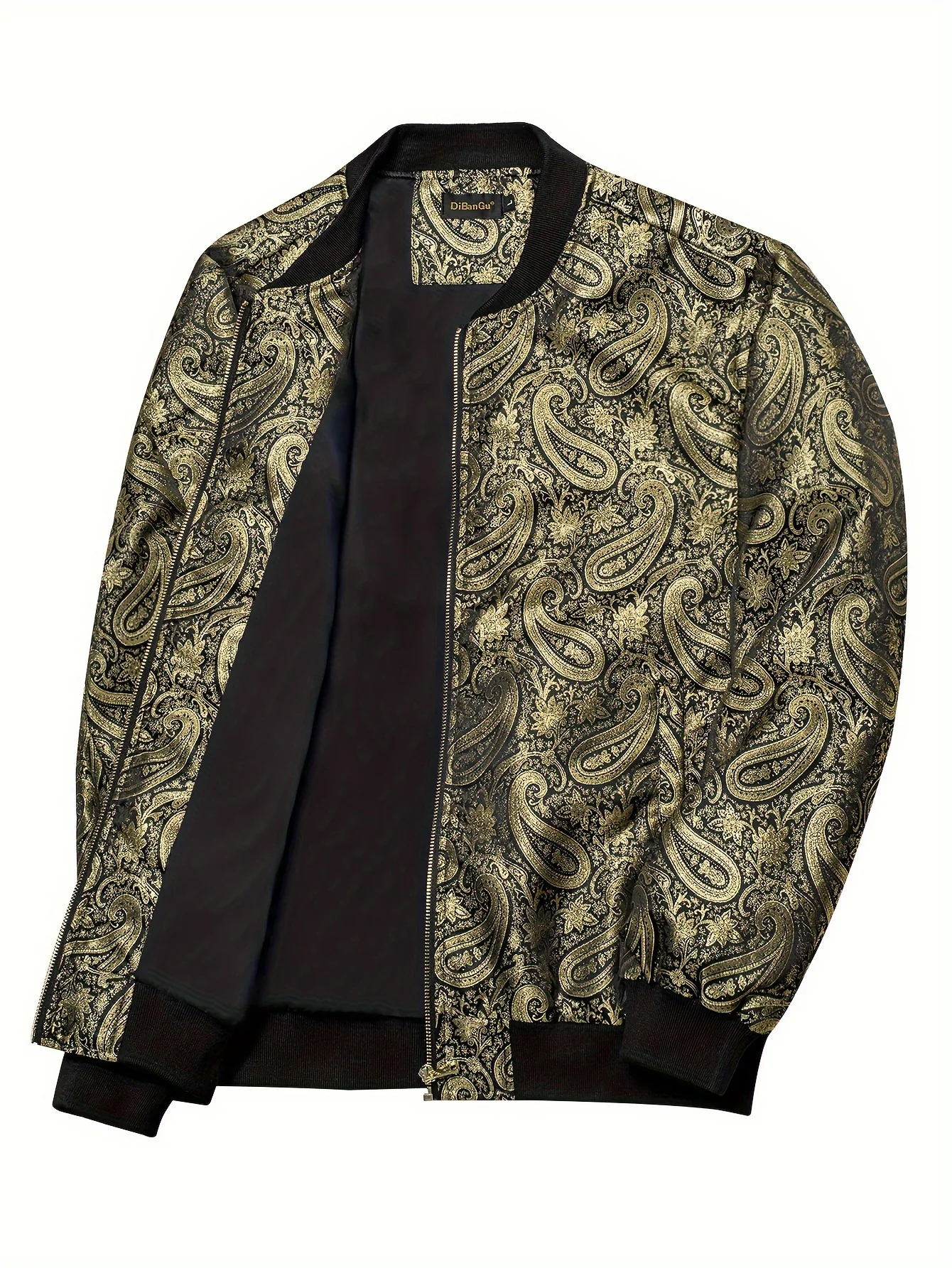 Yellow Paisley Men's Jacquard Floral Jacket Casual Zip Windbreaker Bomber Jacket Warm Coat - Deanwangkt