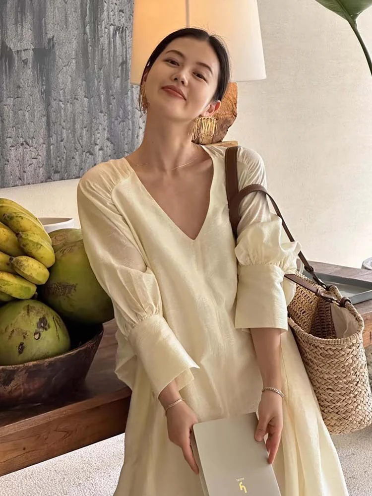 Siyuan, high-end  lazy casual robe, fashionable V-neck seven-quarter-sleeved Tencel jacquard dress 7758 - Deanwangkt