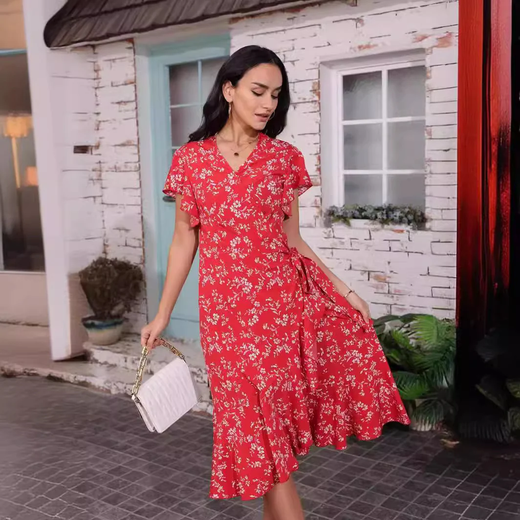 DEANWAQNGKT  Summer  New Sexy Chiffon Midi Dress Printed V-neck Dress Beach Dress - Deanwangkt