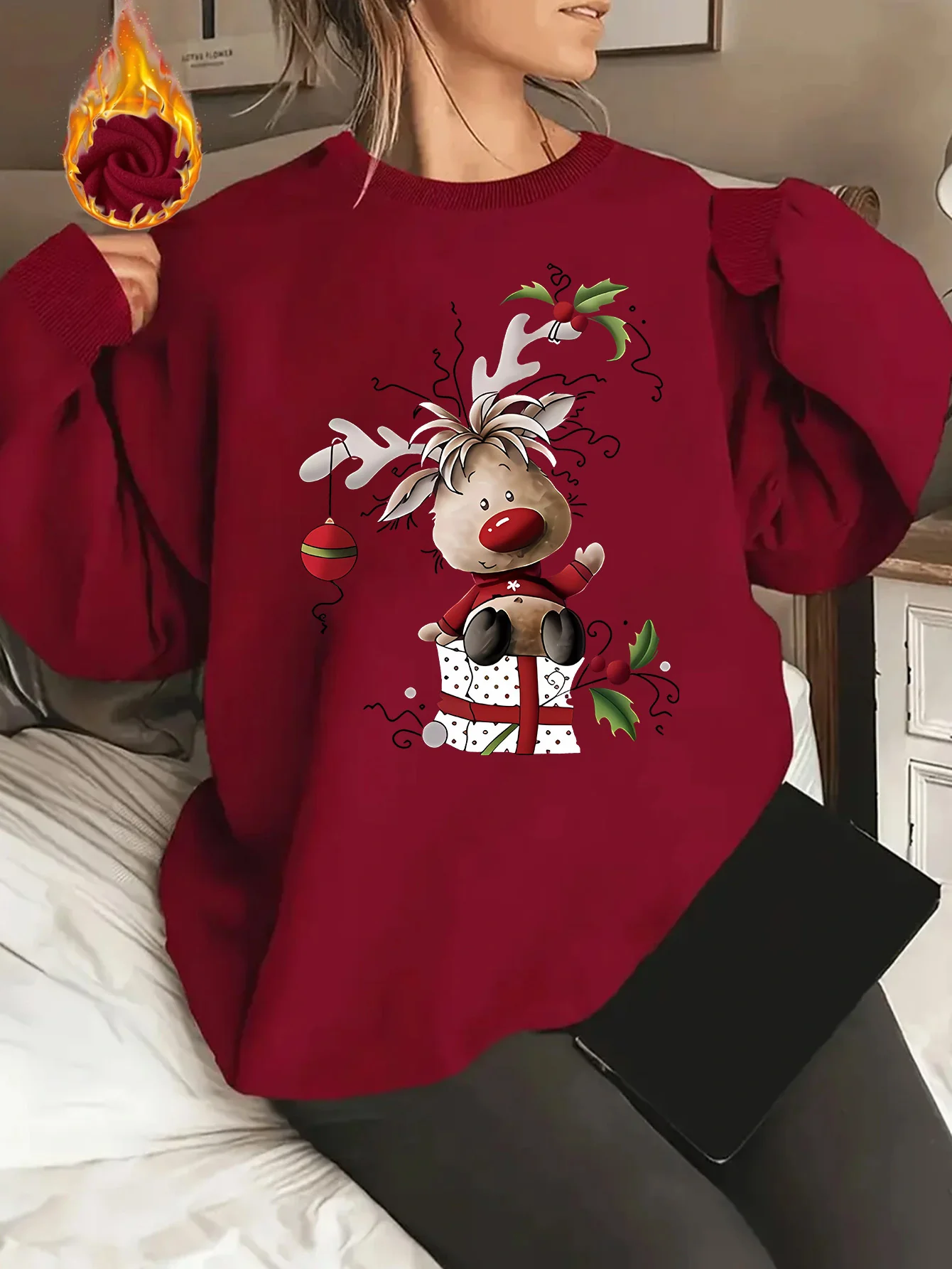 Y2K Style - Cartoon Christmas Reindeer Pattern Women's Round Neck Pullover Casual Sports Long-sleeved Plush Lined Sweater Pullover Top - Deanwangkt